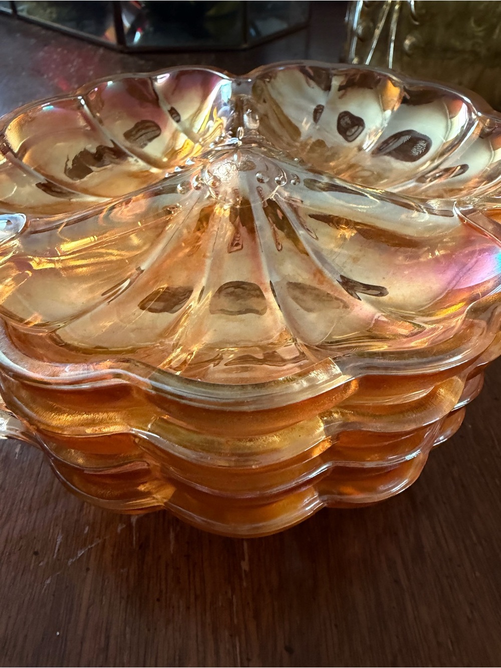 Vintage set of 4  Jeanette Carnival Glass Marigold Three Leaf Clover Dish 7"L 